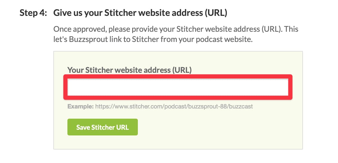 A red box highlighting where to post your Stitcher podcast website URL