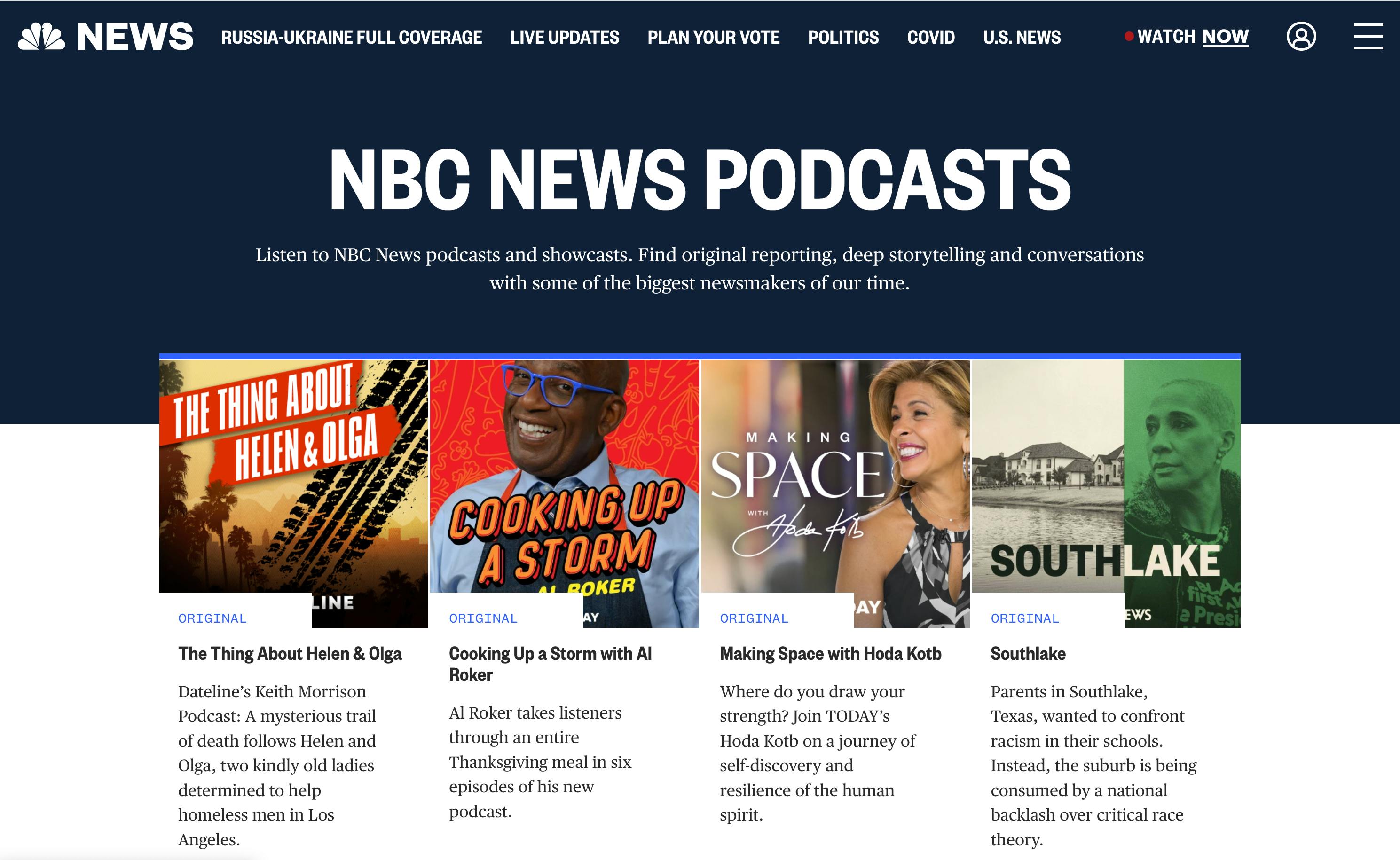 NBC News podcast network homepage with podcast artwork for Cooking Up a Storm, Making Space with Hoda Kotb, Southlake, and The Thing about Helen and Olga