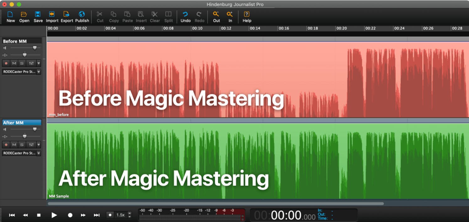 Waveforms in an audio editor showing the same file before and after Magic Mastering