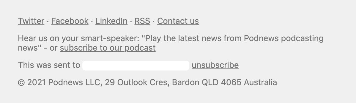 Podnews email footer showing contact information