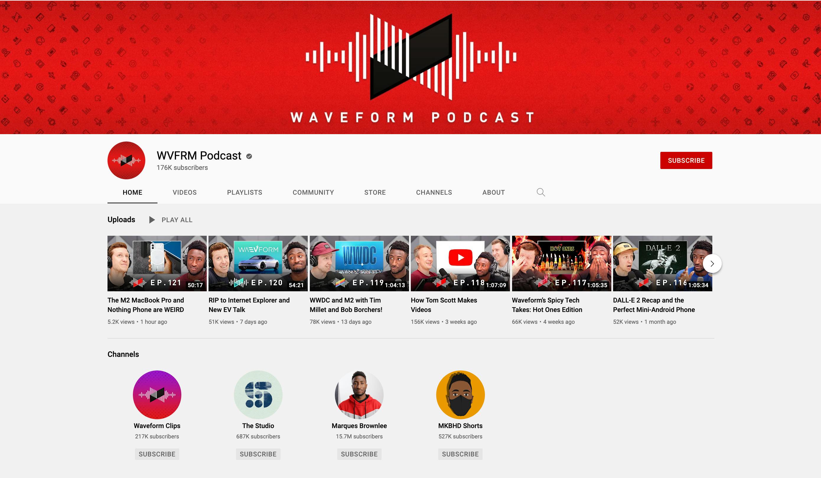 WVFRM Podcast YouTube channel homepage with red banner and video thumbnails