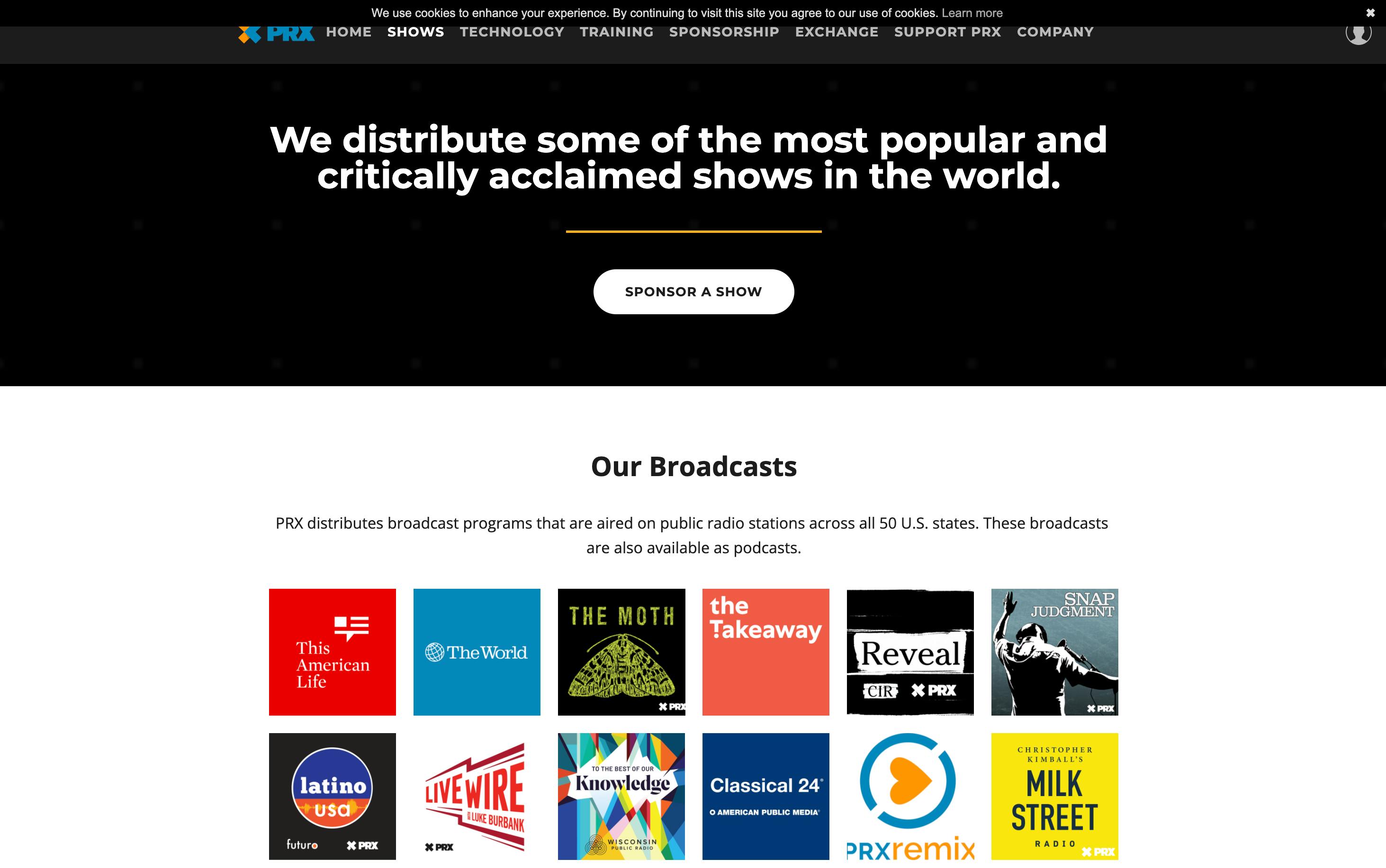 PRX homepage with navy blue banner on top and square images of podcast artwork