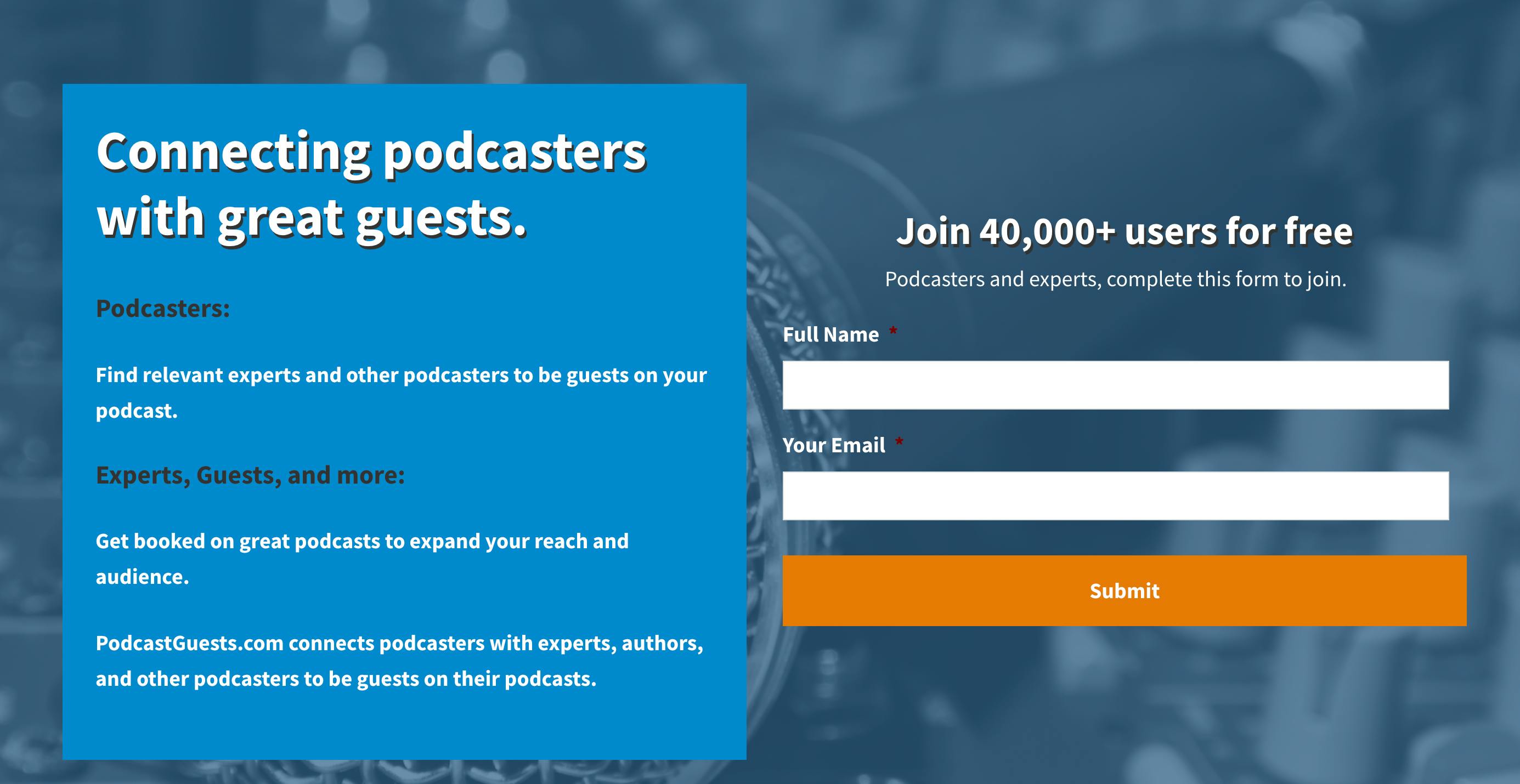 PodcastGuests homepage with blue background and contact fields