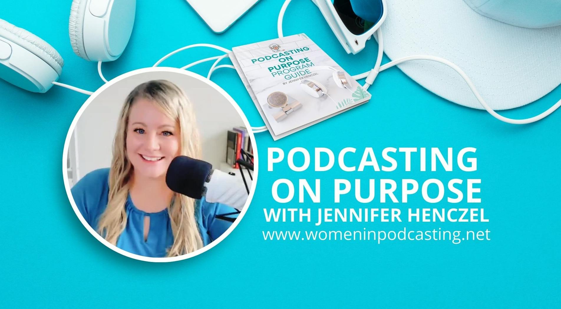 Bright blue background with a circular image of podcast course teacher. There's a part of white headphones above her and white text that says 