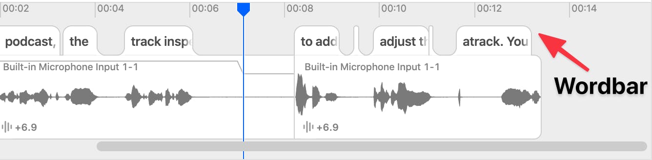 Red arrow pointing to the Wordbar feature above the waveform