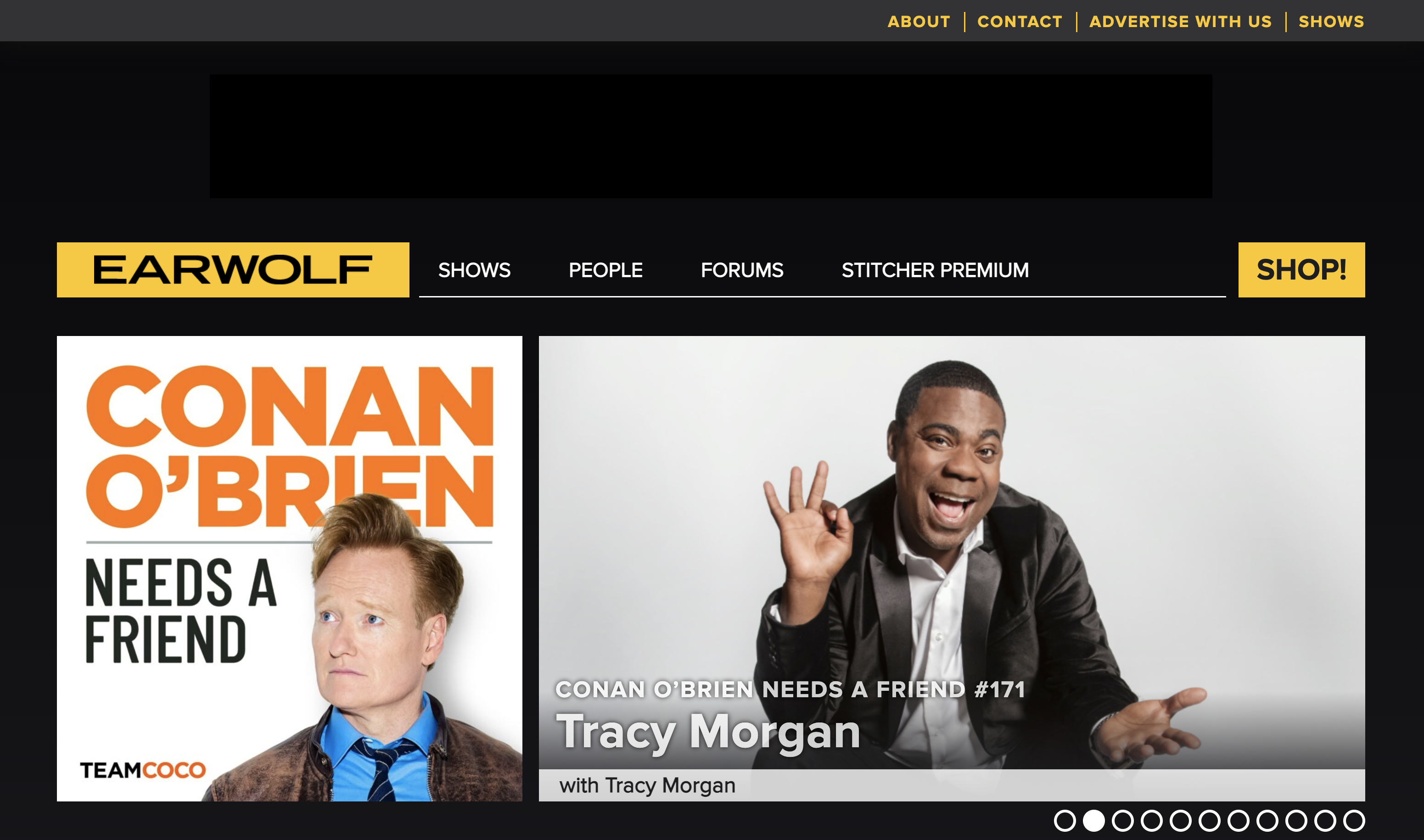 Earwolf homepage with Conan O'Brien and recent episode artwork of Tracey Morgan