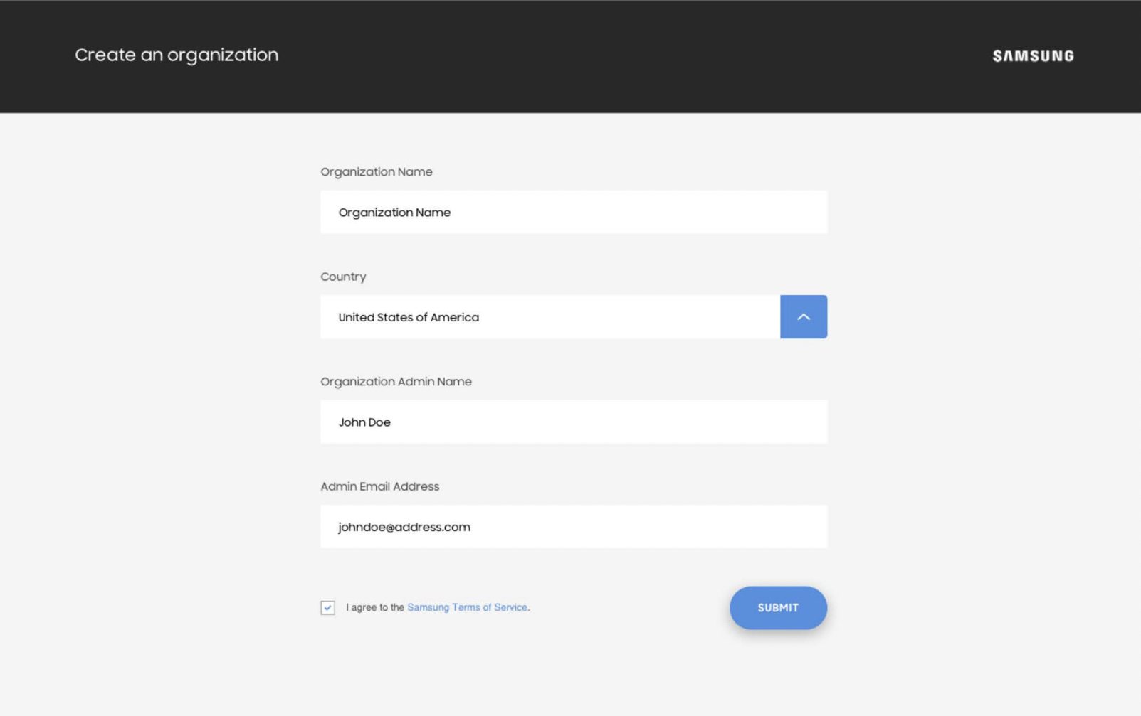 Create an organization page with black banner and white text fields with blue Submit button